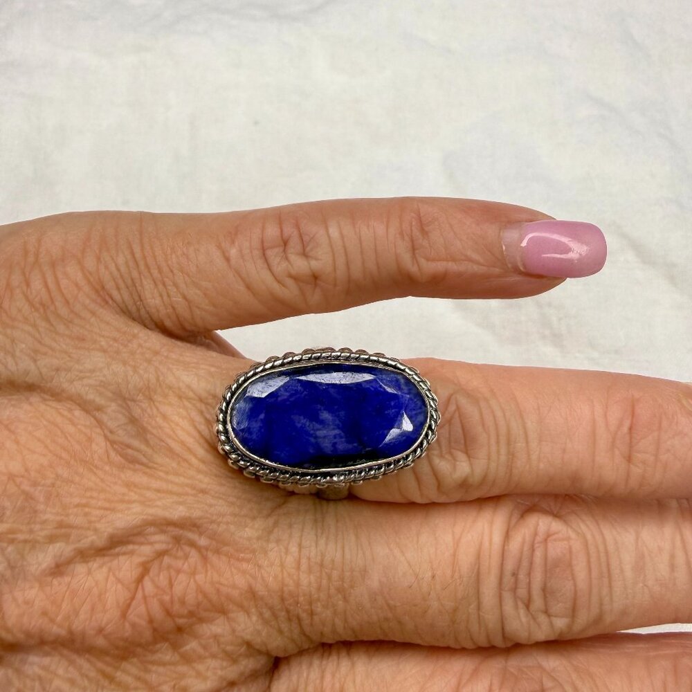 sterling silver ring with a large, faceted blue sodalite gemstone 6.5